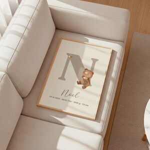 Personalized birth poster poster with birth dates and names baby gift for birth baptism nursery decoration bear image 7