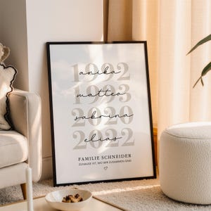 K&ouml;nnte beinhalten: Ein gerahmter Druck mit schwarzem Rahmen, der Namen und Geburtsjahre in einer stilvollen Schriftart zeigt. Die Namen sind Anika, Matteo, Sabrina und Elias, mit den entsprechenden Jahren. Der Text "FAMILIE SCHNEIDER ZUHAUSE IST, WO WIR ZUSAMMEN SIND" ist ebenfalls enthalten.