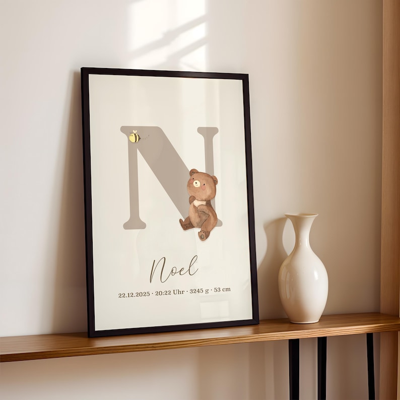 Personalized birth poster poster with birth dates and names baby gift for birth baptism nursery decoration bear image 3