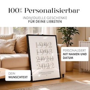 K&ouml;nnte beinhalten: Ein gerahmter Druck mit schwarzem Rahmen, der Namen und Daten in einer stilvollen Schriftart zeigt. Der Druck enth&auml;lt den Text "100% Personalisierbar" und "Individuelle Geschenke F&uuml;r Deine Liebsten". Der Druck ist mit Namen und Daten personalisiert.