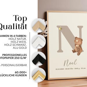 Personalized birth poster poster with birth dates and names baby gift for birth baptism nursery decoration bear image 2