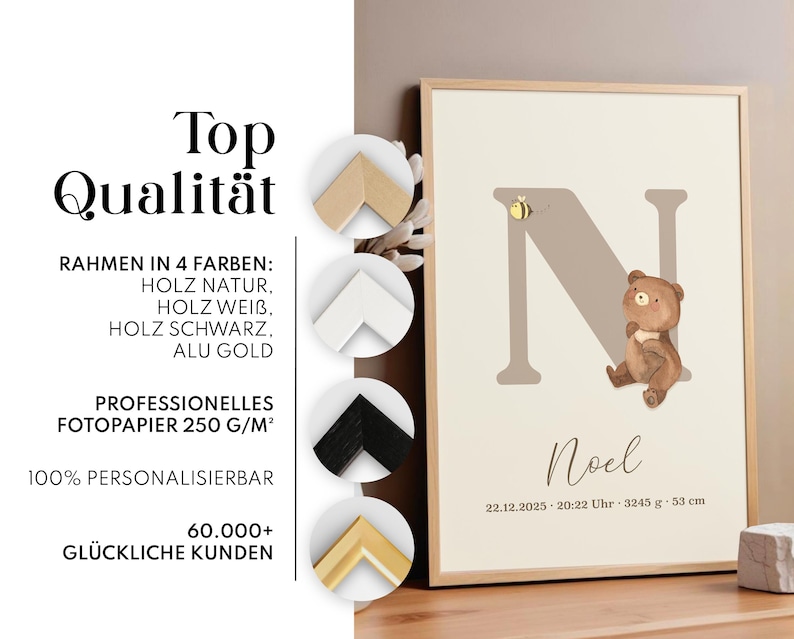 Personalized birth poster poster with birth dates and names baby gift for birth baptism nursery decoration bear image 2