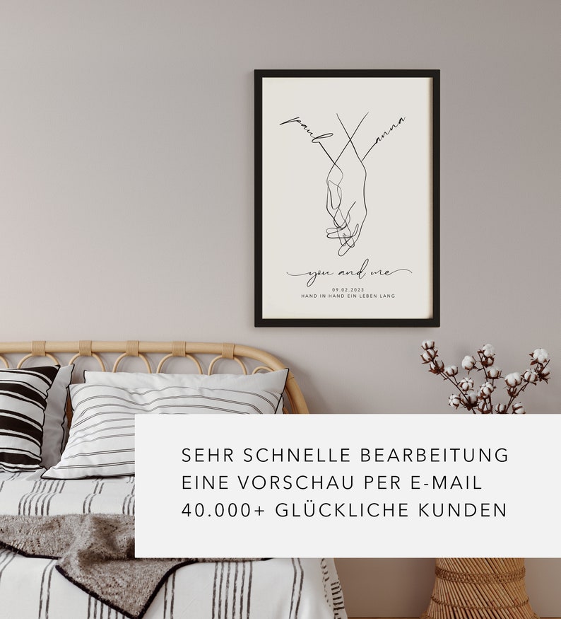 Hochzeitsgeschenk personalisiert mit Namen Datum Hochzeitsbild Hand in Hand Brautpaar Jahrestag Valentinstag Hochzeitstag JGA Bild 7