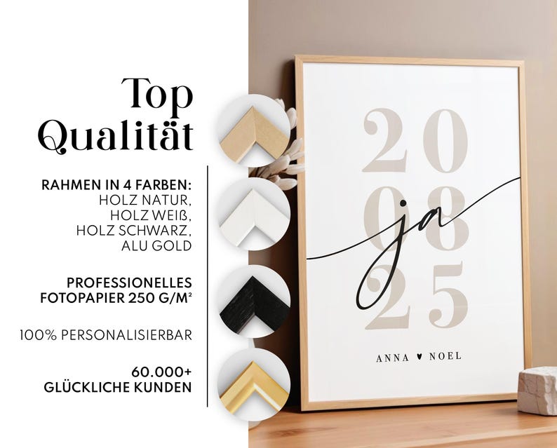 May include: A framed poster featuring the year 2025 in large beige font with the cursive text ja overlaid in black. Below, the names Anna and Noel are printed. Four circular insets display frame options in natural wood, white, black, and gold.