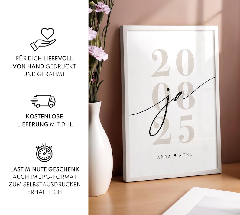 May include: A white framed wall art print featuring the large beige numbers 20 and 08 25 in the background. The word ja is written in a black cursive script across the center. At the bottom, the names Anna and Noel are separated by a small heart.