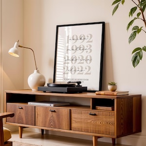 K&ouml;nnte beinhalten: Ein Holz-TV-Schrank mit einem gerahmten Druck, einem Plattenspieler und einer wei&szlig;en Lampe. Der Druck zeigt Namen und Daten mit dem Text "FAMILIE SCHNEIDER". Der Schrank hat Schubladen und ein Regal.