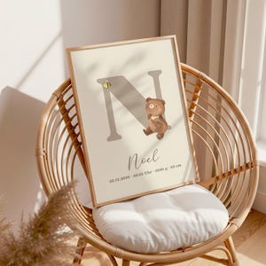 Personalized birth poster poster with birth dates and names baby gift for birth baptism nursery decoration bear image 4