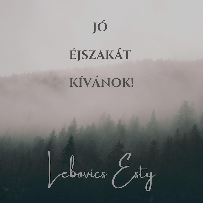 May include: A digital art print features a misty forest scene with the text "J&oacute; &Eacute;jszak&aacute;t K&iacute;v&aacute;nok!" in a stylized font. The artist's name, Lebovics Esty, is written in cursive at the bottom. The overall color palette is muted, with shades of gray and green.
