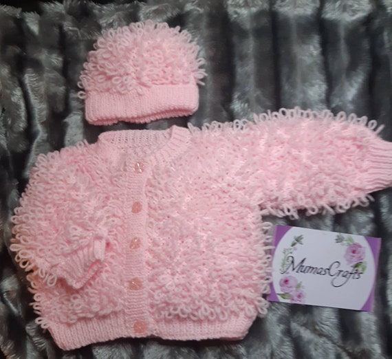 Hand Knitted Baby Loopy Cardigan and 