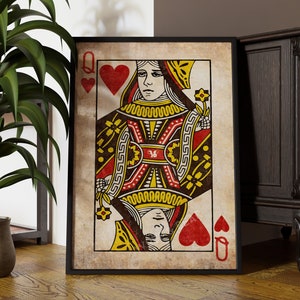 Rustic Queen of Hearts Print | Vintage Wall Art Poker Playing Cards Print | Express Delivery | Framed Poster  Quirky Decor
