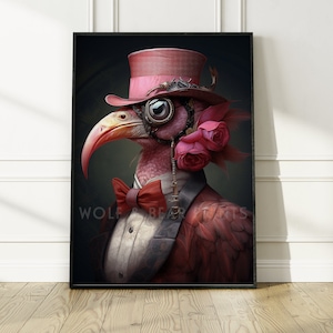 Steampunk Flamingo Wall Art |  Maximalist Gallery Wall Art  | Altered Animal Portrait Wall Art | House Warming Gift | Pink Flamingo Print