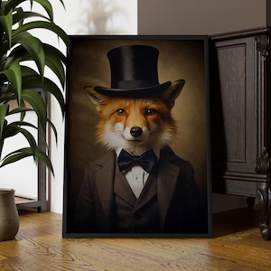 May include: A fox wearing a top hat and a bow tie, dressed in a brown suit. The fox is looking directly at the viewer with a serious expression. The background is a brown, textured wall.