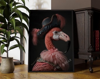 Flamingo Portrait | Altered Vintage Pink Flamingo Renaissance Print | Premium Wall Art
