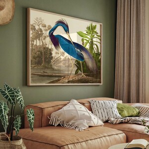 Obra de arte de garza azul: Decoración de pared con motivos de fauna silvestre (marco de madera natural o negro) imagen 2