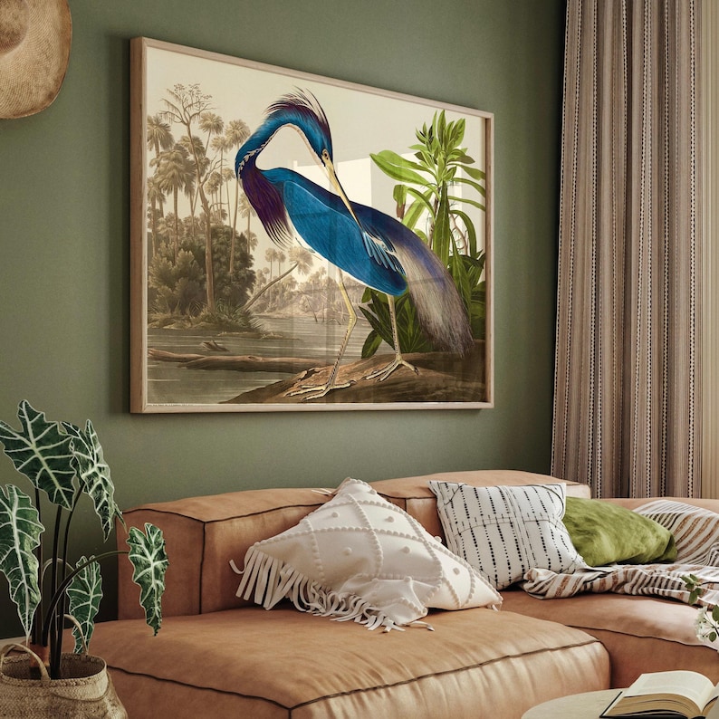 Obra de arte de garza azul: Decoración de pared con motivos de fauna silvestre (marco de madera natural o negro) imagen 2
