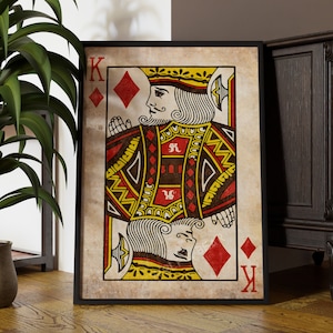 Impression rustique roi de diamant | Cartes à jouer de poker vintage | Cadres photo disponibles | impression d'art mural vintage | Livraison express