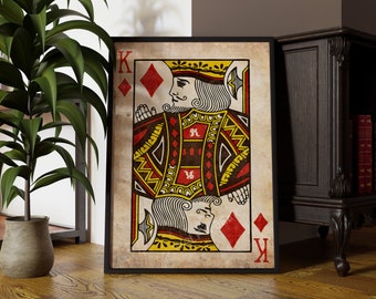 Rustic King of Diamond Print | Vintage Poker Playing Cards | Picture Frames Available | Vintage Wall Art Print | Express Delivery