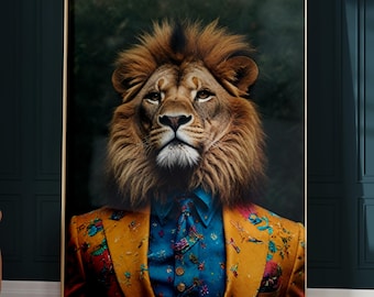 May include: Framed art print featuring a lion with a full mane, wearing a mustard yellow blazer with floral patterns over a blue button-down shirt. The artwork has a dark background and a gold frame.