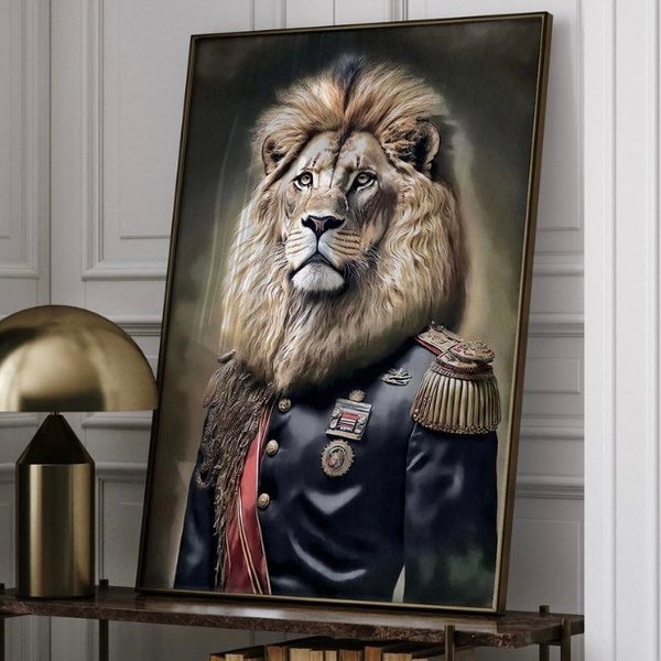 Portrait de lion altéré de style vintage | Art mural portrait | Effet vintage de peinture à l'huile d'anthropomorphisme | Peinture animalière de la Renaissance