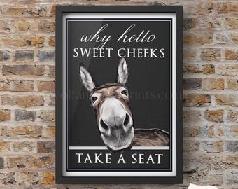 Bathroom Donkey Art Print: Playful Quote (Hello Sweet Cheeks)