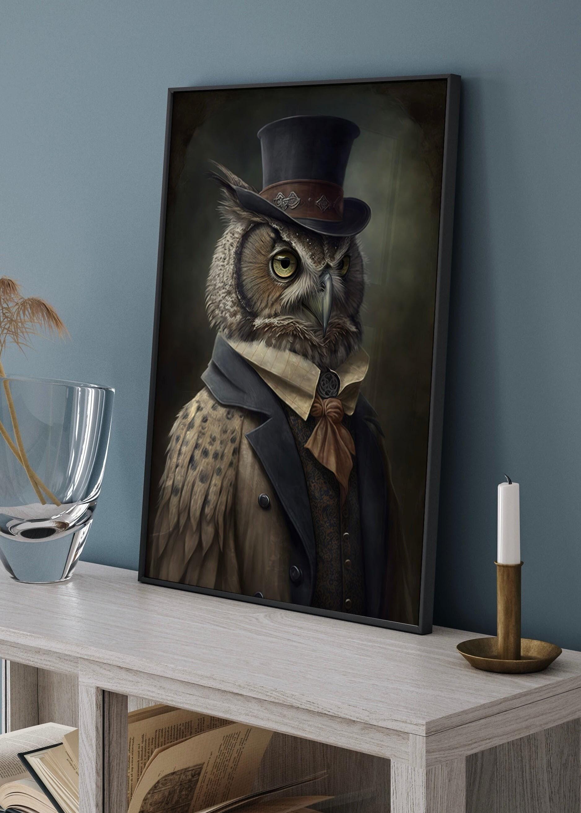 Mr Owl Wall Art: Quirky Altered Renaissance Portrait | Surreal wall art | Owl in top hat