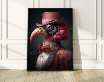 Steampunk Flamingo Wandkunst | Maximalistische Galerie-Wandkunst | Veränderte Tierportrait-Wandkunst | Einweihungsgeschenk | Rosa Flamingo-Druck