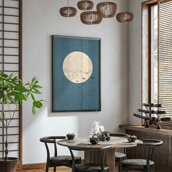 Boho Moon Wall Art - Minimalist Rustic Design in Blue