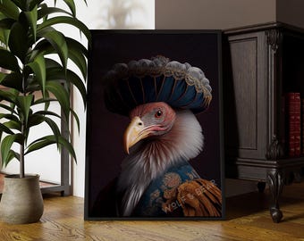 Op de afbeelding: Een ingelijste kunstdruk met een koninklijke gier die een blauwe en gouden hoed en jas draagt. De gier heeft een rood gezicht, een gele snavel en witte veren. De print wordt tentoongesteld op een houten vloer naast een potplant en een donkere houten kast.