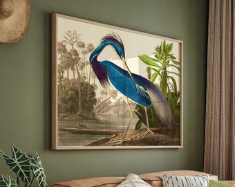 Blue Heron Artwork: Wildlife Wall Decor (Natural Wood or Black Frame)