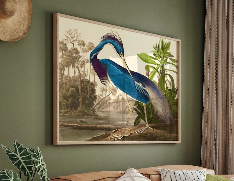 Obra de arte de garza azul: Decoración de pared con motivos de fauna silvestre (marco de madera natural o negro) imagen 1