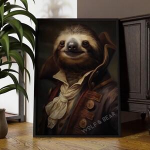 May include: A portrait of a sloth wearing a brown and gold jacket with a white cravat. The sloth has a serious expression and is looking directly at the viewer. The background is a dark brown colour. The text "WOLF & BEAR" is at the bottom of the image.