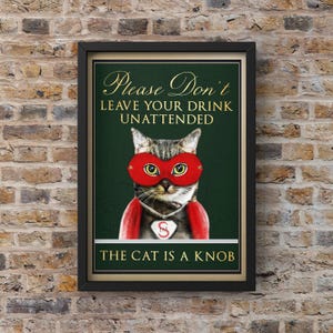 風変わりな猫のウォールプリント：ヴィンテージグリーンイラスト｜ユーモラスなアート｜名言プリント