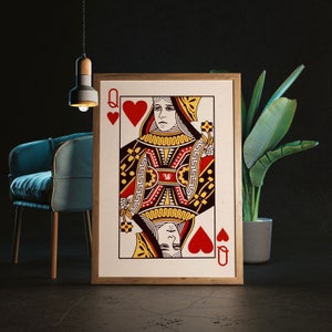 Stampa rustica della Regina di Cuori / Stampa di carte da gioco da poker vintage / Consegna espressa / Poster incorniciato con decorazioni particolari