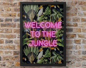 Neon jungleprint | Roze wolf en beer muurdecoratie - Maximalistische wildlife, eigenzinnige decoratie