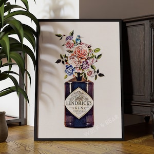 Hendricks Floral Gin Bottle Print | Kitchen Wall Art Print | floral Gin  | Framed & Unframed | Home Decor | Including Express Delivery