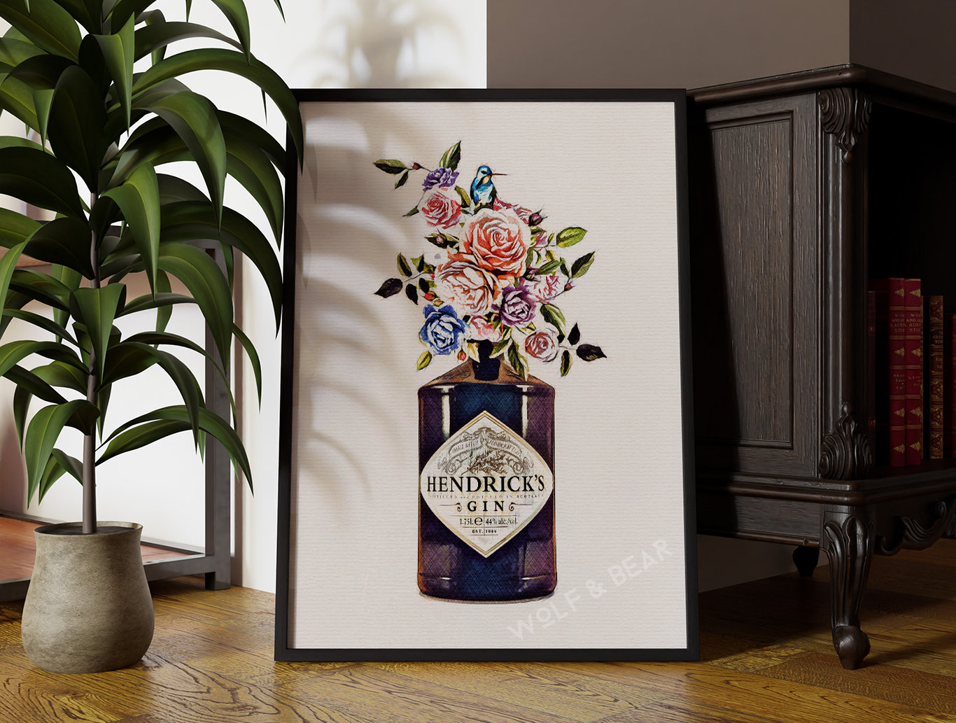 Hendricks Floral Gin Bottle Print | Kitchen Wall Art Print | floral Gin  | Framed & Unframed | Home Decor | Including Express Delivery