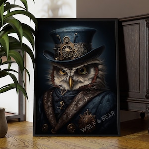 Steampunk Owl Art Print: Maximalist Animal Portrait, Vibrant Colors