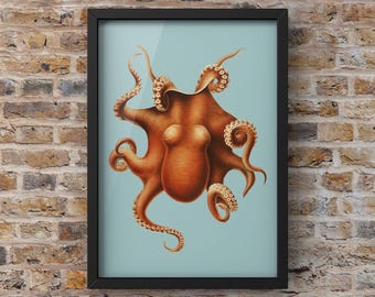 Kraken-illustratieprint: retro nautische muurkunst (niet ingelijst)