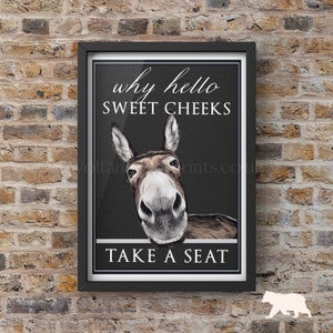 Hello Sweet Cheeks Print | Take a Seat Donkey | Funny Bathroom prints | Framed Posters | Grey Home Decor | Downstairs Toilet