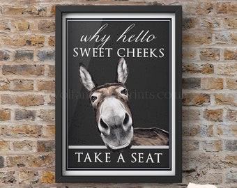 Hello Sweet Cheeks Print | Take a Seat Donkey | Funny Bathroom prints | Framed Posters | Grey Home Decor | Downstairs Toilet  Quirky Decor