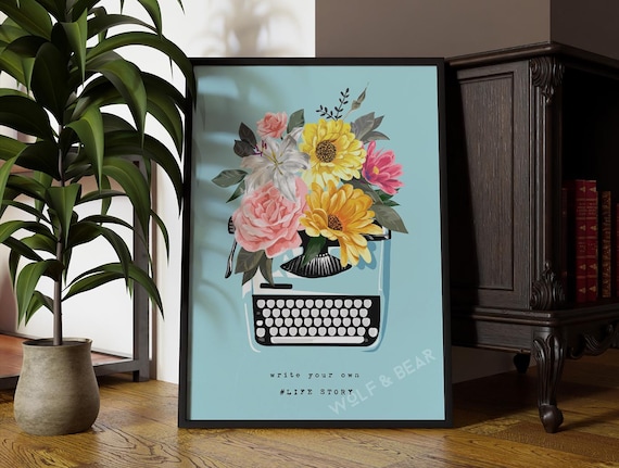 Floral Typewriter Print: Bold Colours, Quirky Wall Art