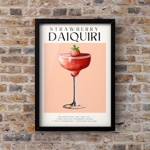 Póster con receta de daiquiri de fresa / Arte mural de cócteles para la cocina / Decoración de bar para el hogar con decoración original
