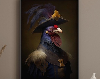 Vintage Mr. Rooster, eigenzinnig vogelportret - Volkskunstprint | Eclectische kleurrijke decoratie