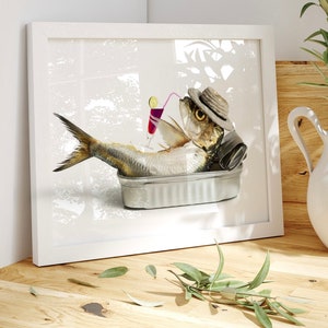 Weird and Wonderfull Sardine Drinking in Can | Quirky Wall Art Print  Quirky Decor