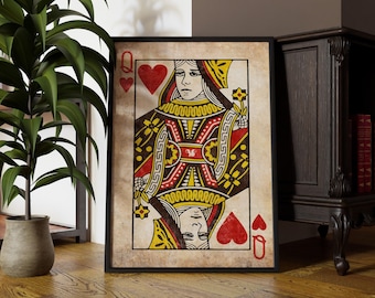 Vintage Queen of Hearts Print: Rustic Poker Card Wall Art