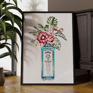 Gin Wall Art Print: Rustic Vintage Style | Kitchen or Bar Decor | Floral | Kitchen print