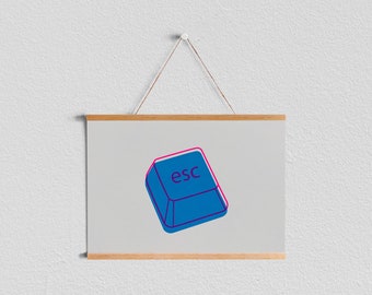 Siebdruck Esc Taste, neon blauer Kunstdruck, Homeoffice Schreibtischdeko, DIN A5