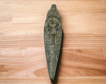 5" vintage handgemaakte Egyptische sarcofaag relikwie met mummie inzetstuk, gesneden stenen verzamelobject, gedateerd 1987, uniek cadeau of woondecoratie