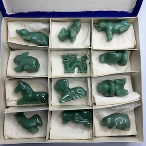 Chinese Zodiac Set of 12 Hand Carved Nephrite Jade Figurines with Stands and Box