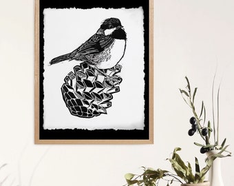 Originele Linoprint - Chickadee op Pinecone